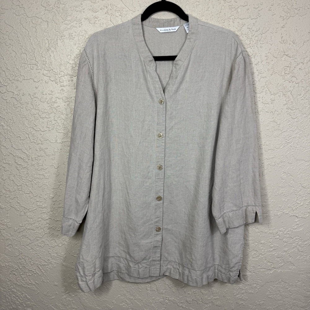 Preston & York Linen Blouse Womens Size XL Beige Button Lagenlook Embroidered